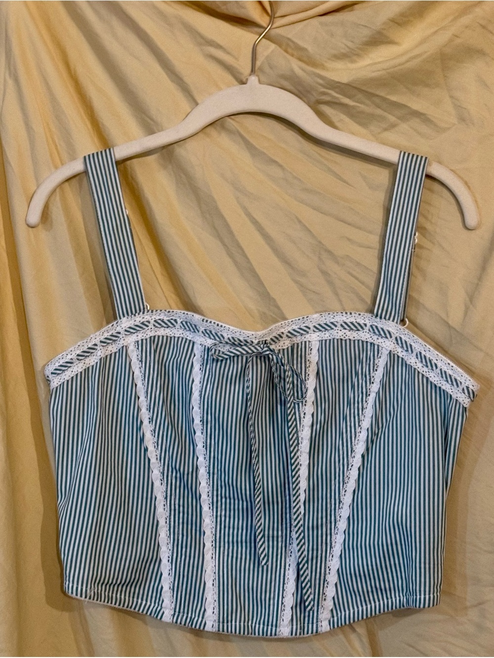 Green & White Striped Lace-Trim Corset Top